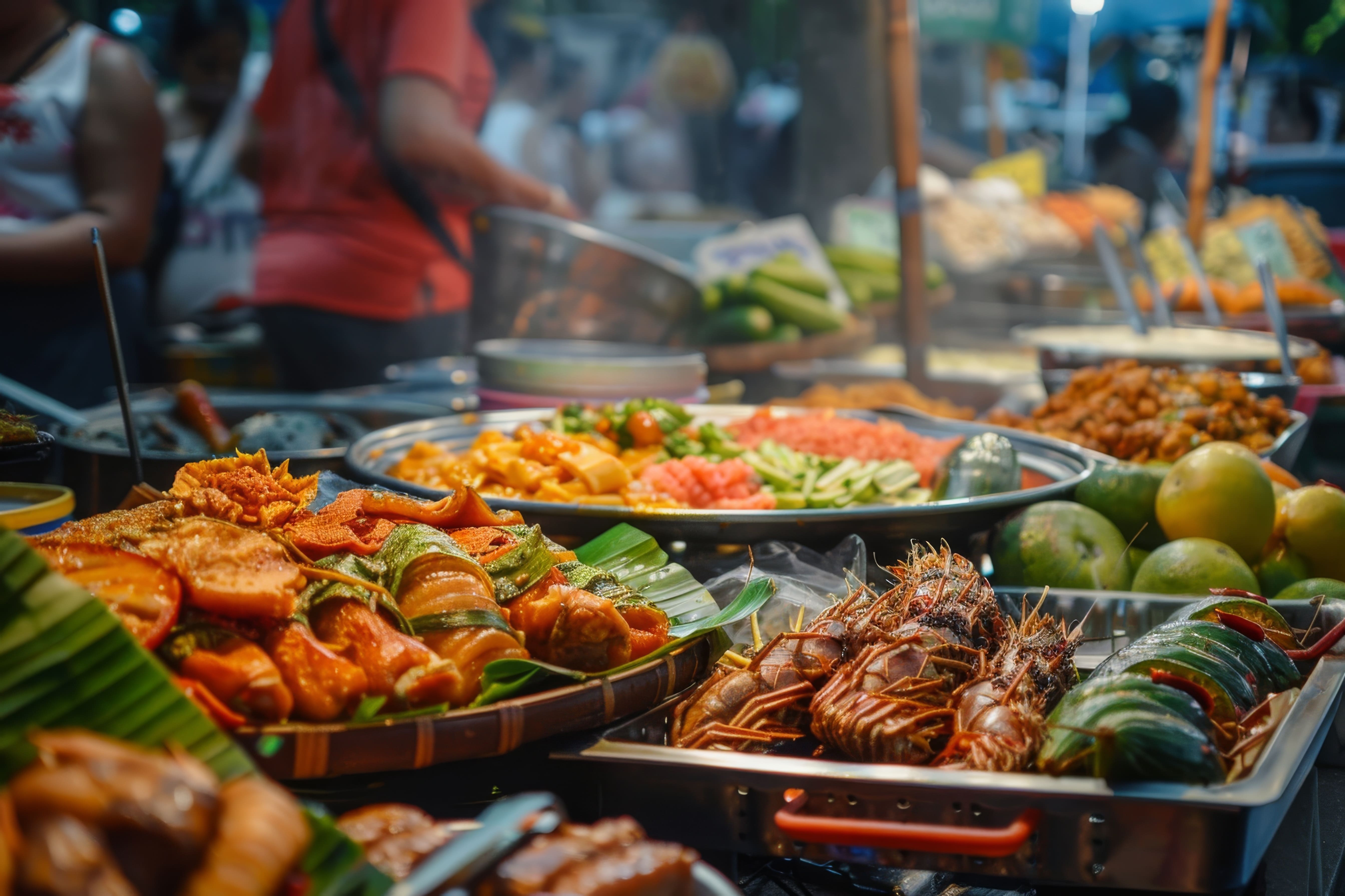 Street food stall with trays of cooked seafood, including prawns and crab, alongside fresh fruit and prepared dishes in a busy night market.